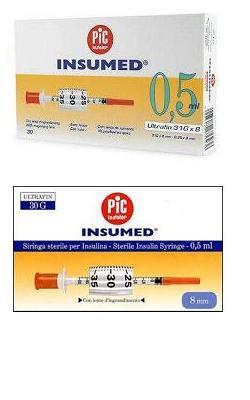 SIRINGA PER INSULINA PIC INSUMED 0,5 ML 100 UI AGO GAUGE 30 LUNGHEZZA 8 MM SENZA SPAZIO MORTO 3 SACCHETTI DA 10 PEZZI - Farmadillo