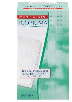 ICOPIUMA GARZA COMPRESSA IDROFILA IN COTONE PIEGATA STERILE SENZA FILO DI BARIO TITOLO 12/8 MISURA 18X40 CM IN BUSTA SINGOLA 12 PEZZI - Farmadillo