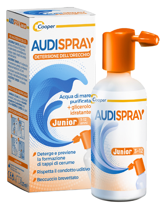 AUDISPRAY JUNIOR 3-12 ANNI SOLUZIONE DI ACQUA DI MARE IPERTONICA SPRAY SENZA GAS IGIENE ORECCHIO 25ML - Farmadillo