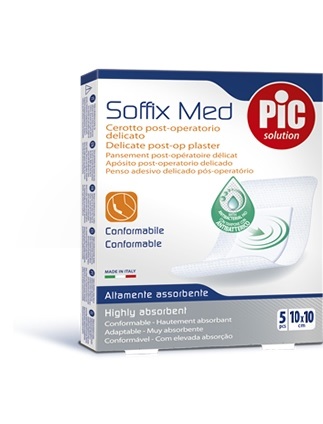 CEROTTO PIC SOFFIX MED IN TNT CON TAMPONE CENTRALE ASSORBENTE STERILE MONOUSO 10X10 CM ANTIBATTERICO 5 PEZZI - Farmadillo
