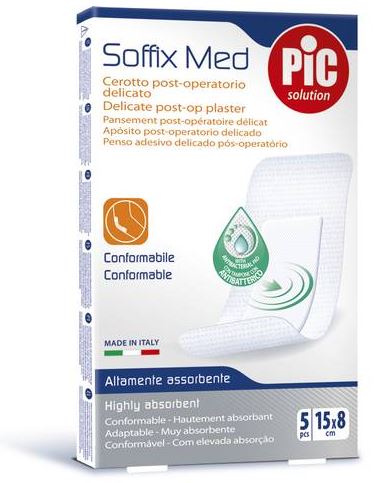 CEROTTO PIC SOFFIX MED IN TNT CON TAMPONE CENTRALE ASSORBENTE STERILE MONOUSO 15X8 CM ANTIBATTERICO 5 PEZZI - Farmadillo