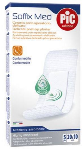 CEROTTO PIC SOFFIX MED IN TNT CON TAMPONE CENTRALE ASSORBENTE STERILE MONOUSO 10X20 CM ANTIBATTERICO 5 PEZZI - Farmadillo