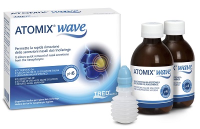 ATOMIX WAVE DISPOSITIVO PER IGIENE RINOFARINGEA ATOMIX SOLUZIONE SALINA 250 ML 2 PEZZI + TERMINALE NASALE + EROGATORE A SOFFIETTO - Farmadillo