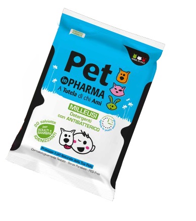 PET IN PHARMA SALVIETTE UMIDIFICATE IGIENIZZANTI CON ANTIBATTERICO PER ADULTI E BAMBINI 20 PEZZI - Farmadillo