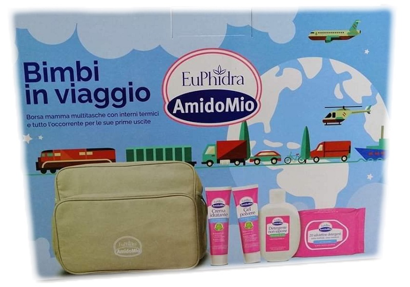 EUPHIDRA AMIDOMIO BORSA BIMBI VIAGGIO GEL POLVERE 50 ML + DETERGENTE NON SAPONE 200 ML + CREMA IDRATANTE 50 ML + SALVIETTINE 20 PEZZI - Farmadillo