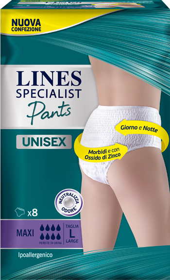 LINES SPECIALIST PANTS MAXI L X 8 PANNOLONE MUTANDINA INDOSSABILE COME NORMALE BIANCHERIA TIPO PULL-ON - Farmadillo