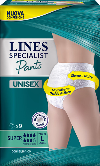 LINES SPECIALIST PANTS SUPER L X 9 PANNOLONE MUTANDINA INDOSSABILE COME NORMALE BIANCHERIA TIPO PULL-ON - Farmadillo