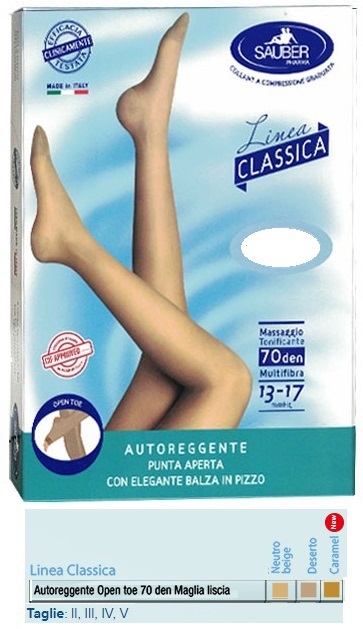 SAUBER AUTOREGGENTE OPEN TOE MAGLIA LISCIA 70 DEN COLORE NEUTRO BEIGE TAGLIA 2 LINEA CLASSICA - Farmadillo