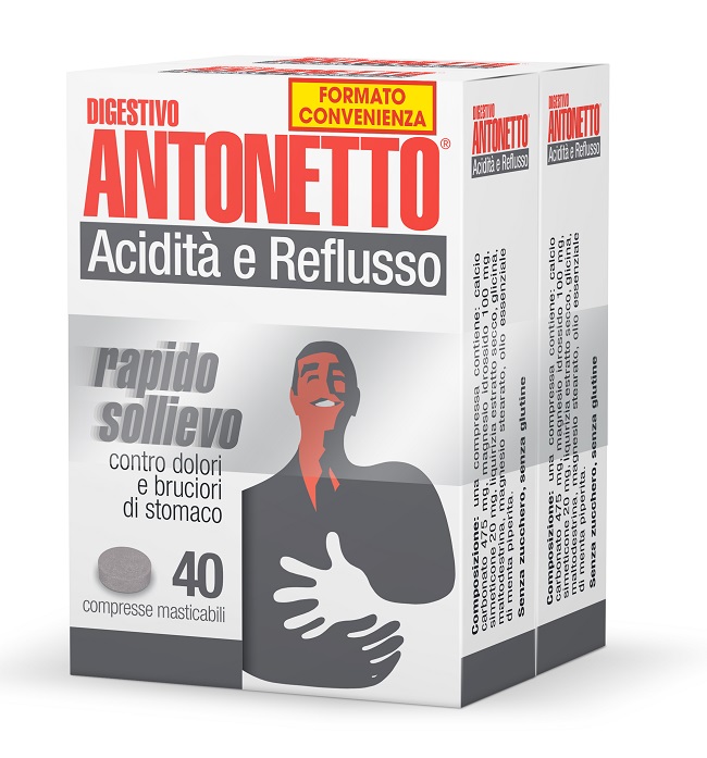 DIGESTIVO ANTONETTO ACIDITA' E REFLUSSO 80 COMPRESSE MASTICABILI 2 ASTUCCI DA 40 COMPRESSE - Farmadillo