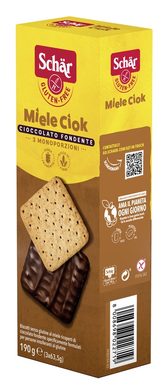 SCHAR MIELE CIOK BISCOTTI AL MIELE RICOPERTI DI CIOCCOLATO FONDENTE 3 PORZIONI DA 63,5 G - Farmadillo