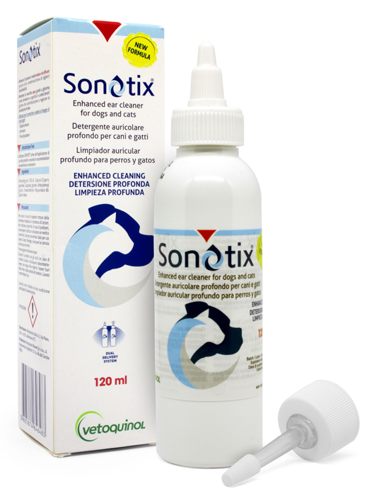 SONOTIX DETERGENTE AURICOLARE PROFONDO CANI E GATTI 120 ML + CANNULA CORTA RIGIDA + CANNULA LUNGA FLESSIBILE - Farmadillo