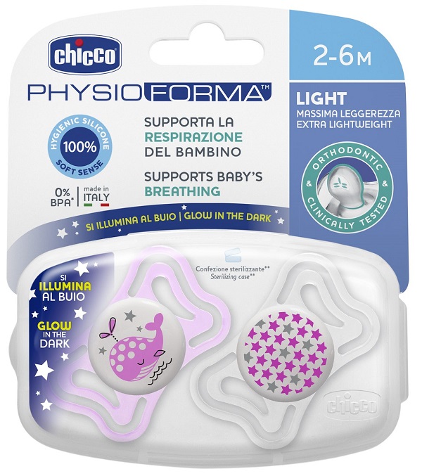 CHICCO SUCCHIETTO LIGHT LUMINOSO SILICONE 2-6 MESI 2 PEZZI - Farmadillo