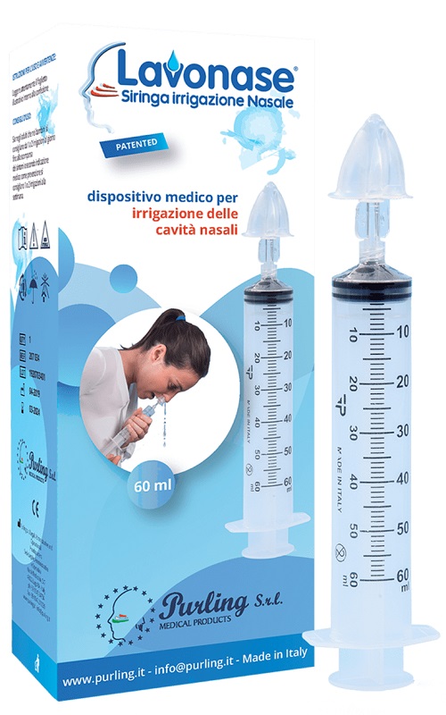 LAVONASE IRRIGAZIONE NASALE NON STERILE SIRINGA 60 ML + LUER-LOCK CON CAPPUCCIO + UGELLO NASALE CON RACCORDO LUER-LOCK + PERFORATORE CON VALVOLA NON RITORNO CON TAPPO - Farmadillo