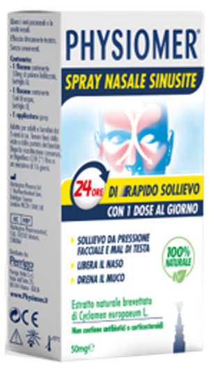 PHYSIOMER SPRAY NASALE SINUSITE 2 PEZZI 1 FLACONE DA 50 MG DI ESTRATTO DI CICLAMINO NATURALE LIOFILIZZATO + 1 FIALE DA 5 ML DI SOLVENTE - Farmadillo