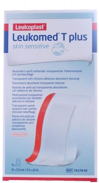 LEUKOMED T PLUS SKIN SENSITIVE MEDICAZIONE POST-OPERATORIA TRASPARENTE IMPERMEABILE CON MASSA ADESIVA AL SILICONE 8X15CM 5 PEZZI - Farmadillo