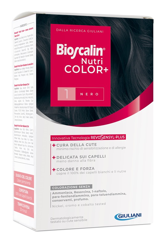 BIOSCALIN NUTRICOLOR PLUS 1 NERO CREMA COLORANTE 40 ML + RIVELATORE CREMA 60 ML + SHAMPOO 12 ML + TRATTAMENTO FINALE BALSAMO 12 ML - Farmadillo