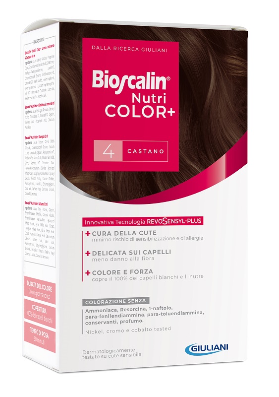 BIOSCALIN NUTRICOLOR PLUS 4 CASTANO CREMA COLORANTE 40 ML + RIVELATORE CREMA 60 ML + SHAMPOO 12 ML + TRATTAMENTO FINALE BALSAMO 12 ML - Farmadillo