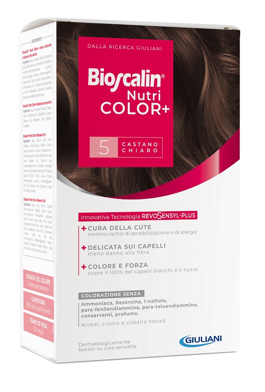BIOSCALIN NUTRICOLOR PLUS 5 CASTANO CHIARO CREMA COLORANTE 40 ML + RIVELATORE CREMA 60 ML + SHAMPOO 12 ML + TRATTAMENTO FINALE BALSAMO 12 ML - Farmadillo