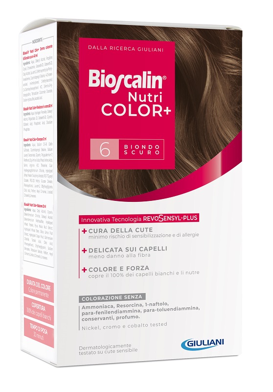 BIOSCALIN NUTRICOLOR PLUS 6 BIONDO SCURO CREMA COLORANTE 40 ML + RIVELATORE CREMA 60 ML + SHAMPOO 12 ML + TRATTAMENTO FINALE BALSAMO 12 ML - Farmadillo