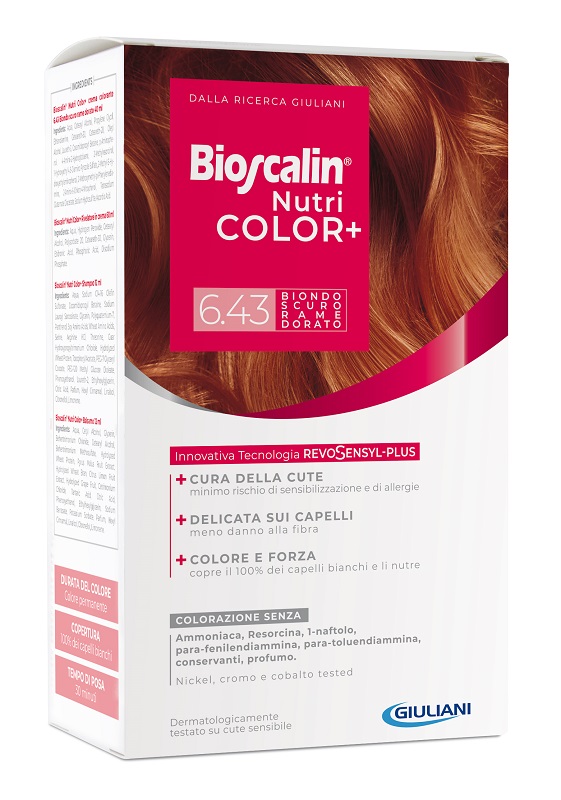 BIOSCALIN NUTRICOLOR PLUS 6,43 BIONDO SCURO RAME DORATO CREMA COLORANTE 40 ML + RIVELATORE CREMA 60 ML + SHAMPOO 12 ML + TRATTAMENTO FINALE BALSAMO 12 ML - Farmadillo