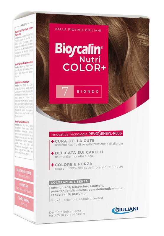 BIOSCALIN NUTRICOLOR PLUS 7 BIONDO CREMA COLORANTE 40 ML + RIVELATORE CREMA 60 ML + SHAMPOO 12 ML + TRATTAMENTO FINALE BALSAMO 12 ML - Farmadillo