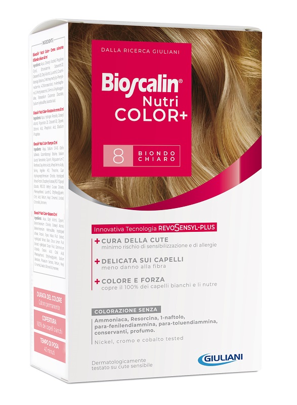 BIOSCALIN NUTRICOLOR PLUS 8 BIONDO CHIARO CREMA COLORANTE 40 ML + RIVELATORE CREMA 60 ML + SHAMPOO 12 ML + TRATTAMENTO FINALE BALSAMO 12 ML - Farmadillo