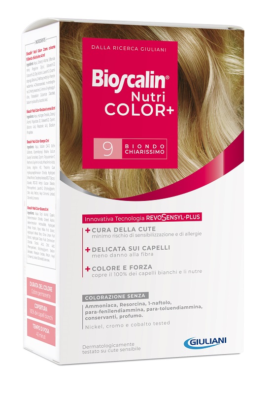BIOSCALIN NUTRICOLOR PLUS 9 BIONDO CHIARISSIMO CREMA COLORANTE 40 ML + RIVELATORE CREMA 60 ML + SHAMPOO 12 ML + TRATTAMENTO FINALE BALSAMO 12 ML - Farmadillo
