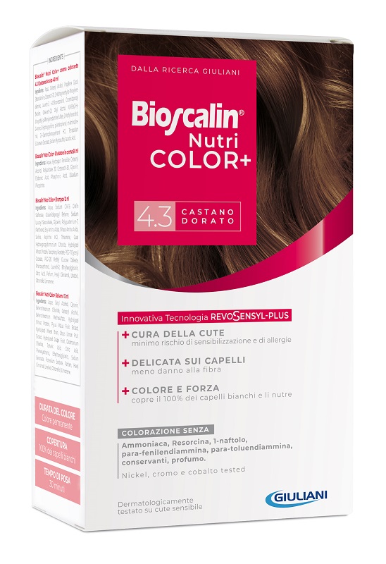 BIOSCALIN NUTRICOLOR PLUS 4,3 CASTANO DORATO CREMA COLORANTE 40 ML + RIVELATORE CREMA 60 ML + SHAMPOO 12 ML + TRATTAMENTO FINALE BALSAMO 12 ML - Farmadillo