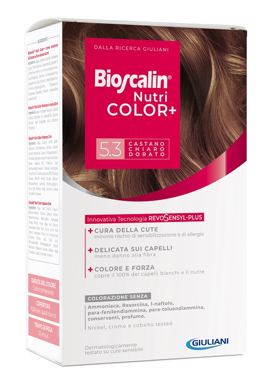 BIOSCALIN NUTRICOLOR PLUS 5,3 CASTANO CHIARO DORATO CREMA COLORANTE 40 ML + RIVELATORE CREMA 60 ML + SHAMPOO 12 ML + TRATTAMENTO FINALE BALSAMO 12 ML - Farmadillo