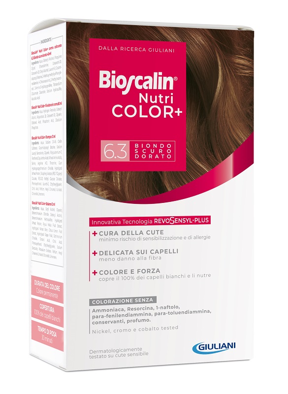 BIOSCALIN NUTRICOLOR PLUS 6,3 BIONDO SCURO DORATO CREMA COLORANTE 40 ML + RIVELATORE CREMA 60 ML + SHAMPOO 12 ML + TRATTAMENTO FINALE BALSAMO 12 ML - Farmadillo