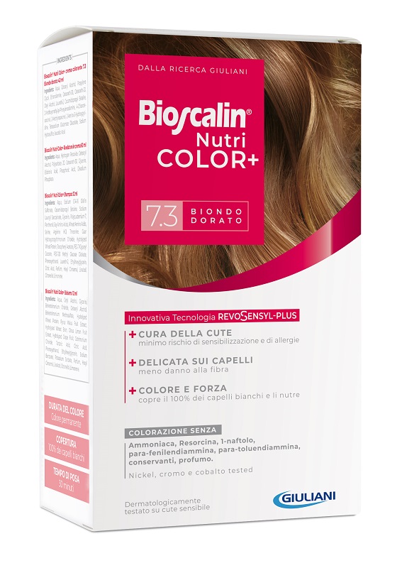 BIOSCALIN NUTRICOLOR PLUS 7,3 BIONDO DORATO CREMA COLORANTE 40 ML + RIVELATORE CREMA 60 ML + SHAMPOO 12 ML + TRATTAMENTO FINALE BALSAMO 12 ML - Farmadillo