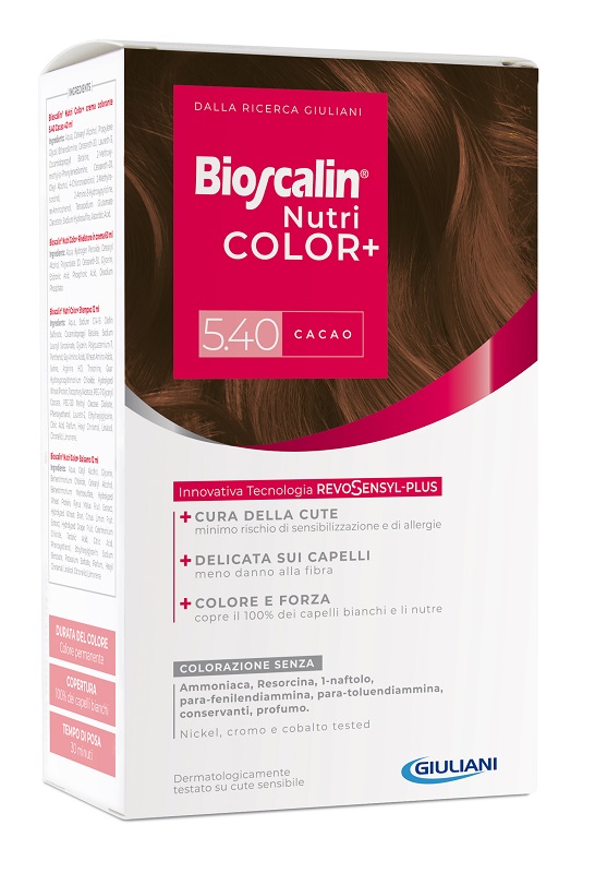 BIOSCALIN NUTRICOLOR PLUS 5,40 CACAO CREMA COLORANTE 40 ML + RIVELATORE CREMA 60 ML + SHAMPOO 12 ML + TRATTAMENTO FINALE BALSAMO 12 ML - Farmadillo