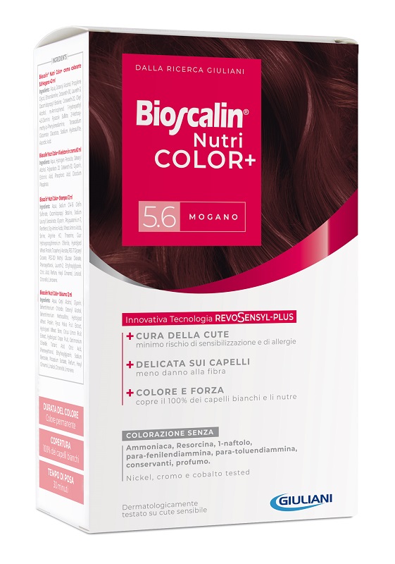 BIOSCALIN NUTRICOLOR PLUS 5,6 MOGANO CREMA COLORANTE 40 ML + RIVELATORE CREMA 60 ML + SHAMPOO 12 ML + TRATTAMENTO FINALE BALSAMO 12 ML - Farmadillo