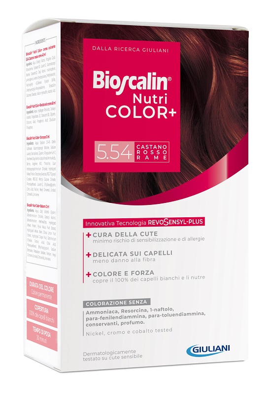 BIOSCALIN NUTRICOLOR PLUS 5,54 CASTANO ROSSO RAME CREMA COLORANTE 40 ML + RIVELATORE CREMA 60 ML + SHAMPOO 12 ML + TRATTAMENTO FINALE BALSAMO 12 ML - Farmadillo