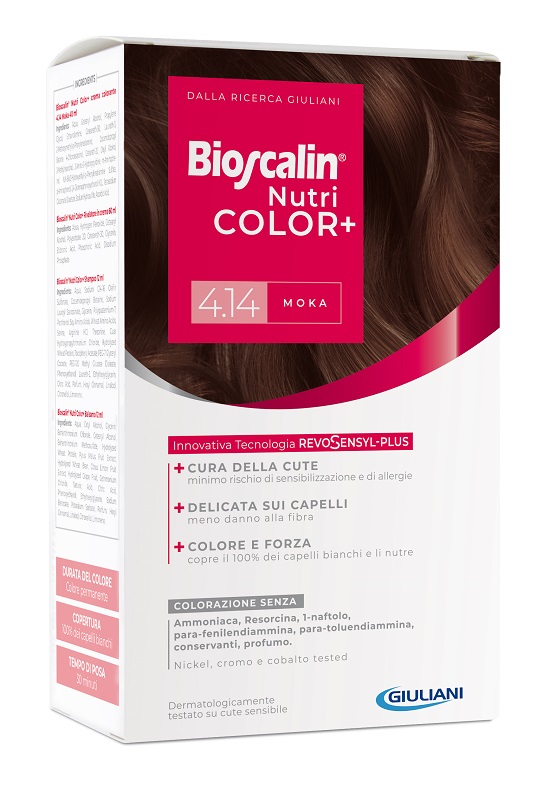 BIOSCALIN NUTRICOLOR PLUS 4,14 MOKA CREMA COLORANTE 40 ML + RIVELATORE CREMA 60 ML + SHAMPOO 12 ML + TRATTAMENTO FINALE BALSAMO 12 ML - Farmadillo