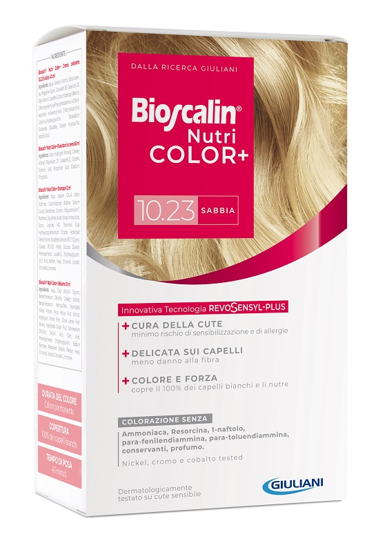 BIOSCALIN NUTRICOLOR PLUS 10,23 SABBIA CREMA COLORANTE 40 ML + RIVELATORE CREMA 60 ML + SHAMPOO 12 ML + TRATTAMENTO FINALE BALSAMO 12 ML - Farmadillo