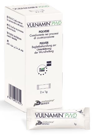VULNAMIN PWD MEDICAZIONE INTERATTIVA IN POLVERE DI SODIO JALURONATO E AMINOACIDI 2 STICK PACK - Farmadillo