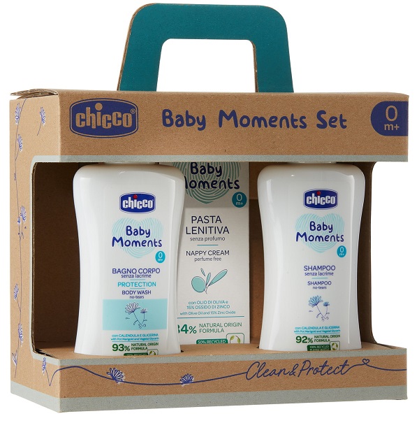 CHICCO BABY MOMENTS SET BAGNOCHIUMA PELLI DELICATE 200 ML + SHAMPOO PELLI DELICATE 200 ML + PASTA CAMBIO PELLI DELICATE 100 ML - Farmadillo