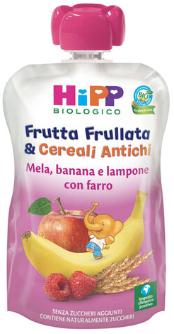 HIPP BIO FRUTTA FRULLATA&CEREALI ANTICHI MELA BANANA LAMPONE FARRO 90 G - Farmadillo