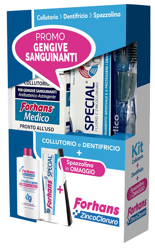 FORHANS KIT GENGIVE SANGUINANTI 1 FORHANS COLLUTORIO MEDICO 250 ML + 1 FORHANS DENTIFRICIO SPECIAL 75 ML + 1 FORHANS SPAZZOLINO MEDICO IN OMAGGIO - Farmadillo