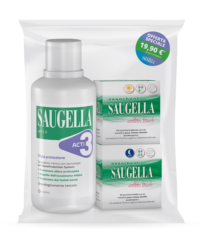 SAUGELLA ACTI3 DETERGENTE INTIMO + 2 SCATOLE ASSORBENTI GIORNO E NOTTE - Farmadillo