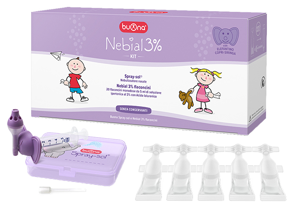 NEBIAL 3% KIT 20 FLACONCINI MONODOSE 5ML SOLUZIONE IPERTONICA CON ACIDO IALURONICO + NEBULIZZATORE SPRAY-SOL - Farmadillo